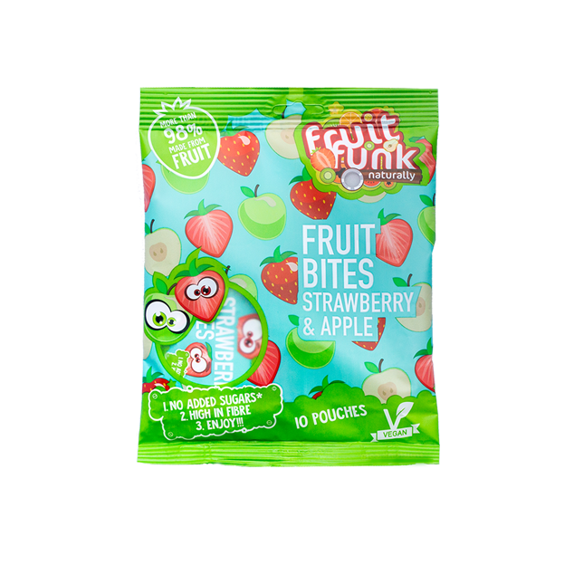 Fruitfunk ilma lisatud suhkruta naturaalsed puuviljasnäkid Maasikas & Õun Multibag 10x10g