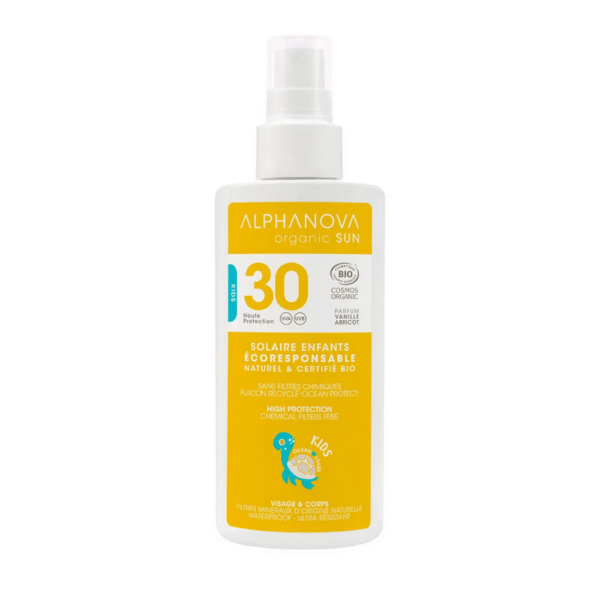 ALPHANOVA SUN SPF30 orgaaniline vanilje-aprikoosi lõhnaline veekindel mineraalne päikesekreem lastele, 125ml